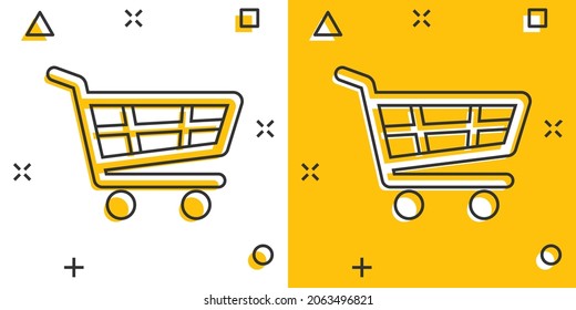 Shopping cart icon in comic style. Trolley cartoon vector illustration on white isolated background. Basket splash effect business concept.