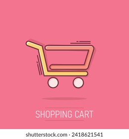 Shopping cart icon in comic style. Trolley cartoon vector illustration on isolated background. Basket splash effect business concept.