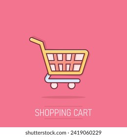 Shopping cart icon in comic style. Trolley cartoon vector illustration on isolated background. Basket splash effect business concept.