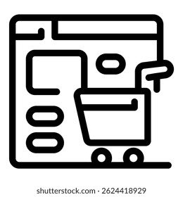 Shopping cart icon is coming out of a computer screen, representing online shopping