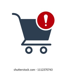 Shopping cart icon, commerce icon with exclamation mark. Shopping cart icon and alert, error, alarm, danger symbol. Vector illustration