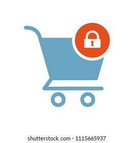 Shopping cart icon, commerce icon with padlock sign. Shopping cart icon and security, protection, privacy symbol. Vector illustration
