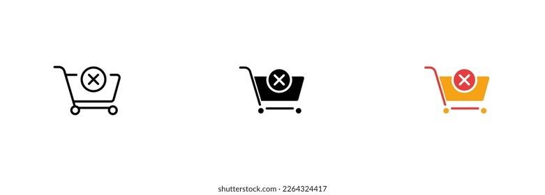 Shopping cart icon with a cross. Cancellation of online home delivery, payment failed. Vector set of icons in line, black and colorful styles isolated on white background.