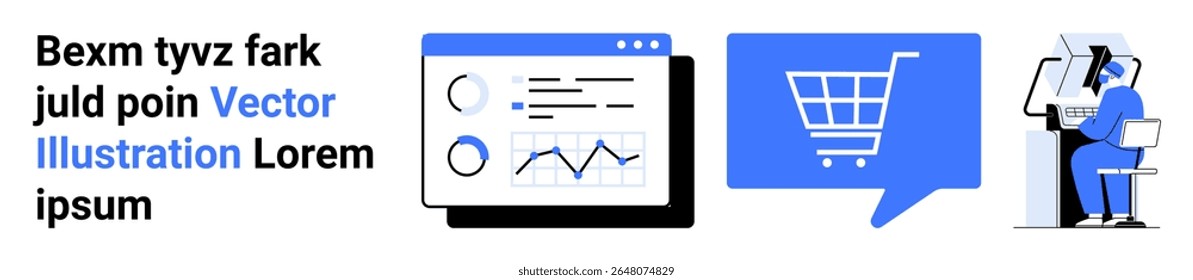 Shopping cart icon, data analysis screen, person at computer with grey and blue colors. Ideal for online shopping, digital analytics, e-commerce, data visualization, user interface design