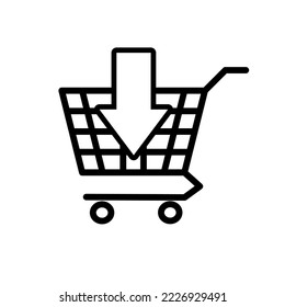 Icono del carro de la compra con flecha hacia abajo. signo de botón de compra. fondo blanco aislado de icono único