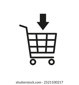 Shopping cart icon with a downward arrow, indicating add to cart or purchasing action. Minimalistic and clean