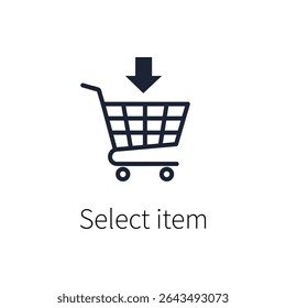 A shopping cart icon with a downward arrow, symbolizing the process of selecting or adding items to a cart. Ideal for concepts related to online shopping, e-commerce, or product purchase steps.