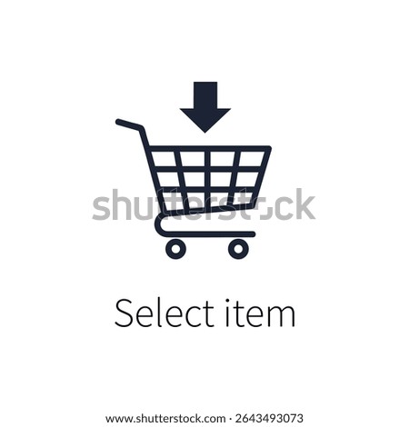 A shopping cart icon with a downward arrow, symbolizing the process of selecting or adding items to a cart. Ideal for concepts related to online shopping, e-commerce, or product purchase steps.