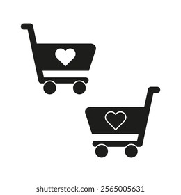 Shopping cart icon. Favorite product symbol. Heart decoration element. Black and white vector.