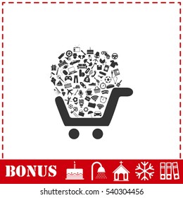 Shopping cart icon flat. Simple vector symbol and bonus icon