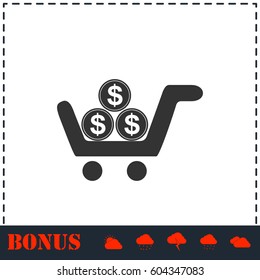 Shopping cart icon flat. Simple vector symbol and bonus icon
