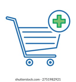 Shopping cart icon with green plus sign for adding items