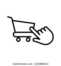 Shopping cart icon with hand touch. Web store shopping cart icon. Internet shop buy online. Pictogram isolated on a white background. 