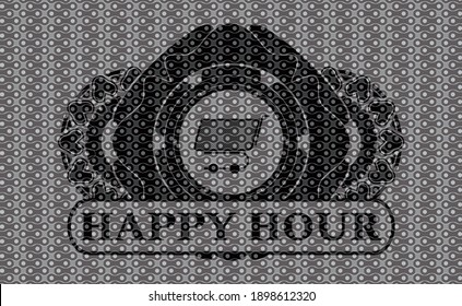shopping cart icon and Happy hour text black abstract realistic emblem. Pattern fashionable background. Artistic illustration. 