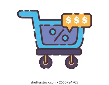 Shopping cart icon illustration. Flat line color icon of a shopping cart with a percentage sign and dollar signs, symbolizing discounts and savings. Colored outline icon.