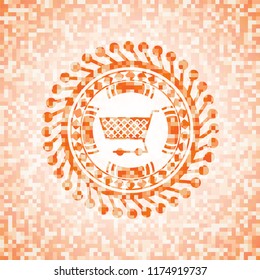 shopping cart icon inside abstract orange mosaic emblem with background