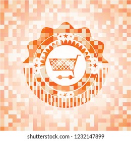 shopping cart icon inside abstract orange mosaic emblem with background