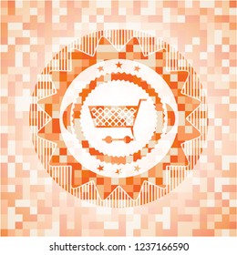shopping cart icon inside abstract orange mosaic emblem