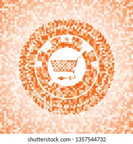shopping cart icon inside abstract emblem, orange mosaic background