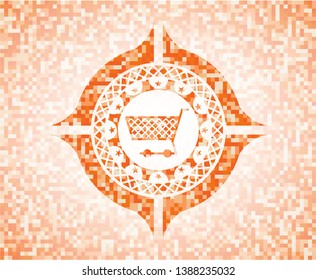 shopping cart icon inside abstract orange mosaic emblem with background
