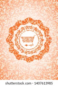 shopping cart icon inside abstract emblem, orange mosaic background