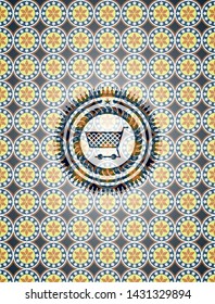 shopping cart icon inside arabic badge background. Arabesque decoration.