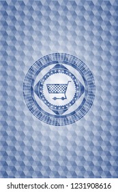 shopping cart icon inside blue emblem with geometric background.