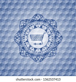 shopping cart icon inside blue polygonal badge.