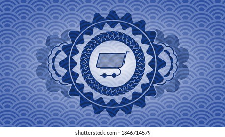 shopping cart icon inside blue japan pattern realistic emblem. Geometric classic background. Illustration. 
