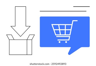 Shopping cart icon inside blue chat bubble, arrow pointing into open box. Ideal for e-commerce, logistics, delivery services, online shopping, packaging, retail businesses, digital transactions. Line