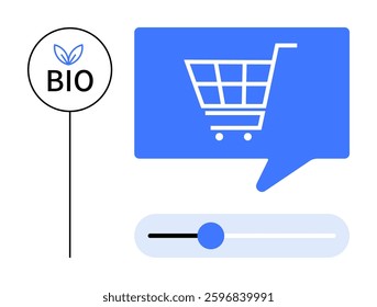 Shopping cart icon inside blue chat bubble, BIO label with leaf graphic, and a slider bar for settings adjustment. Ideal for online shopping, bio products, e-commerce, user interface, web design