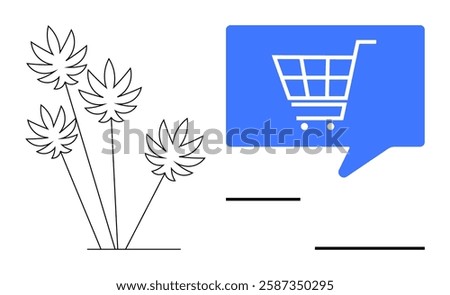 Shopping cart icon inside a blue chat bubble on the right side, black outlined palm trees on the left, and minimal black line accents. Ideal for e-commerce, communication, nature, minimalism, design