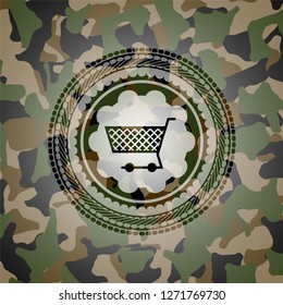 shopping cart icon inside camo emblem