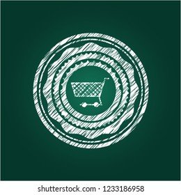 shopping cart icon inside chalkboard emblem on black board