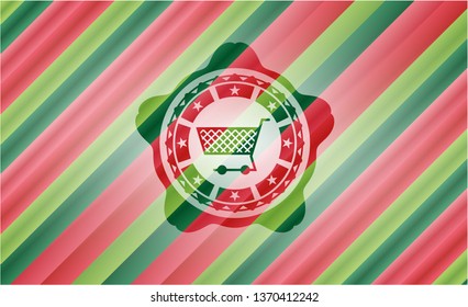 shopping cart icon inside christmas colors emblem.
