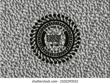 shopping cart icon inside dark emblem with grey bubbles background. Retro. Vector Illustration. Detailed. 