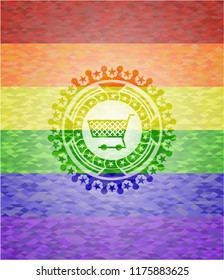 shopping cart icon inside emblem on mosaic background with the colors of the LGBT flag