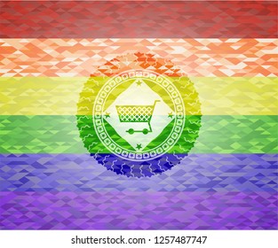 shopping cart icon inside emblem on mosaic background with the colors of the LGBT flag