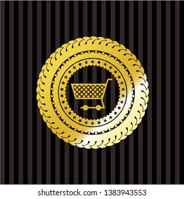 shopping cart icon inside gold emblem or badge