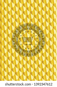 shopping cart icon inside gold emblem or badge. Scales pattern. Vector Illustration. Detailed.