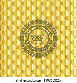 shopping cart icon inside golden badge. Scales pattern. Vector Illustration. Detailed.