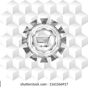 shopping cart icon inside grey emblem. Retro with geometric cube white background