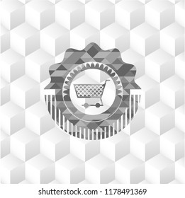 shopping cart icon inside grey emblem with cube white background