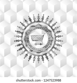 shopping cart icon inside grey icon or emblem with geometric cube white background