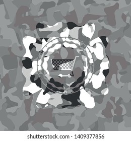 shopping cart icon inside grey camo emblem