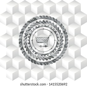 shopping cart icon inside grey emblem. Vintage with geometric cube white background