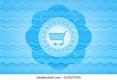 shopping cart icon inside light blue water emblem.