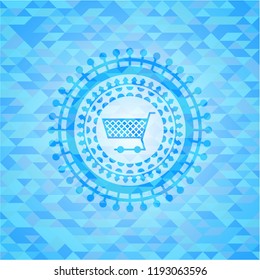 shopping cart icon inside light blue emblem. Mosaic background