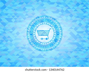 shopping cart icon inside light blue emblem. Mosaic background