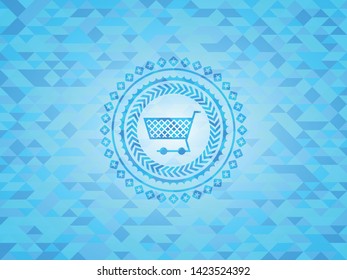 shopping cart icon inside light blue emblem. Mosaic background